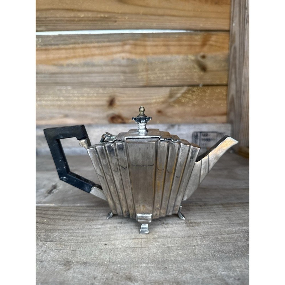 Antique Art Deco Stylish Silverplate Teapot with Ebony Handle
